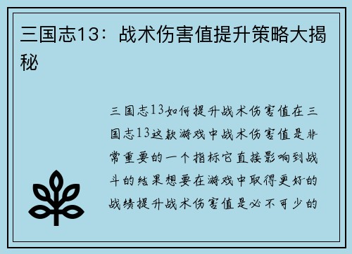 三国志13：战术伤害值提升策略大揭秘